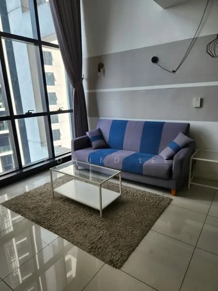 Living features: 3-seater fabric sofa in blue and grey, glass coffee table, area rug, floor-to-ceiling windows, curtains, white painted walls, glossy tile flooring, wall-mounted electrical outlet; style: modern; view: city.