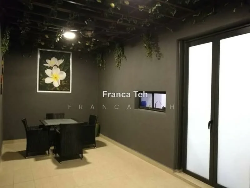 Room features: dark grey painted walls, tile flooring, wooden ceiling with exposed beams, indoor plants, framed artwork with floral design, glass sliding door, black wicker dining table, black wicker dining chairs, wall-mounted window, recessed lighting; style: modern.