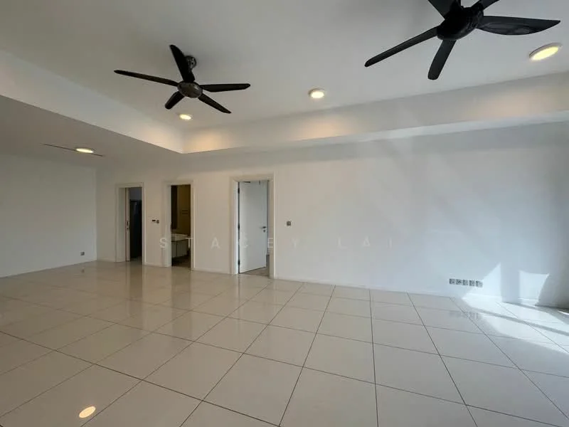 Living features: white painted walls, glossy ceramic tile flooring, tray ceiling, 2 ceiling fans, recessed downlights, floor-to-ceiling windows, open layout, natural light; style: modern.