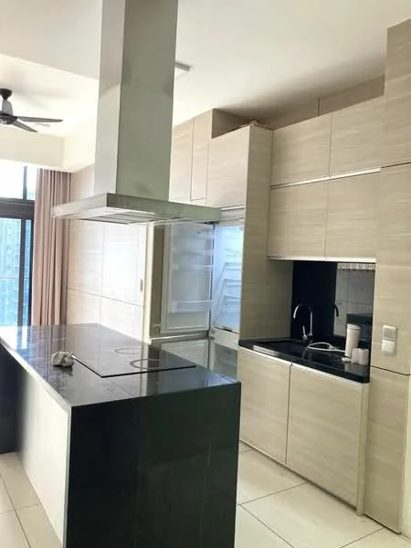 Kitchen features: island countertop with black granite surface, stainless-steel range hood, built-in oven, stainless-steel sink, chrome pull-down faucet, flat-panel cabinetry in light wood finish, black countertop, ceramic tile flooring, floor-to-ceiling windows, ceiling fan, recessed downlights; style: modern; view: city.
