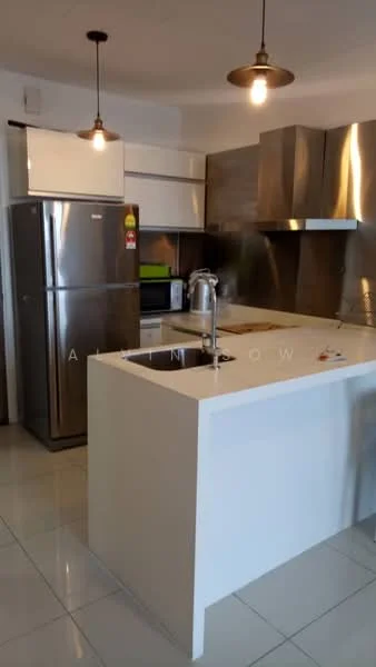 Kitchen features: stainless-steel fridge, built-in oven, freestanding range oven, stainless-steel range hood, single-bowl stainless-steel sink, chrome pull-down faucet, white cabinetry, white countertop, pendant lighting, ceramic tile flooring, wall-mounted microwave, kitchen island; style: modern.
