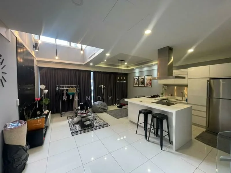 Living features: white painted walls, grey accent wall, marble tile flooring, recessed downlights, pendant lights, floor-to-ceiling windows, black bar stools, kitchen island with sink, stainless-steel fridge, open shelving, decorative plants, area rug with geometric pattern, artwork on walls; style: modern; view: city.