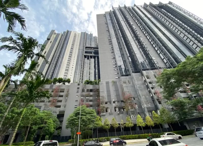Exterior type: high-rise condominium; features: glass curtain wall, grey painted facade, recessed balconies, vertical fins, landscaped garden with mature trees, surrounded by greenery, multi-storey structure, urban context with main road in front; style: modern.
