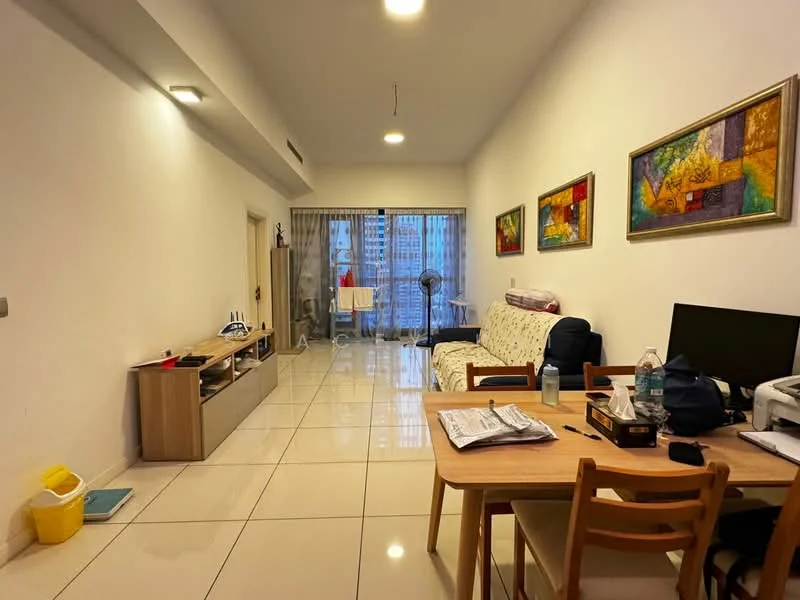 Living features: white painted walls, glossy tile flooring, sofa with floral pattern, wooden coffee table, TV console, wall-mounted TV, floor-to-ceiling windows, sheer curtains, ceiling lights, decorative artwork on walls, fan, dining table with chairs; style: modern; view: city.