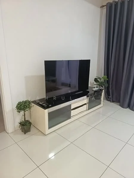 Living features: white wall, grey curtains, large flat-screen TV, TV console with glass doors, decorative plants in pots, glossy tile flooring, neutral color scheme, minimalist decor; style: modern.