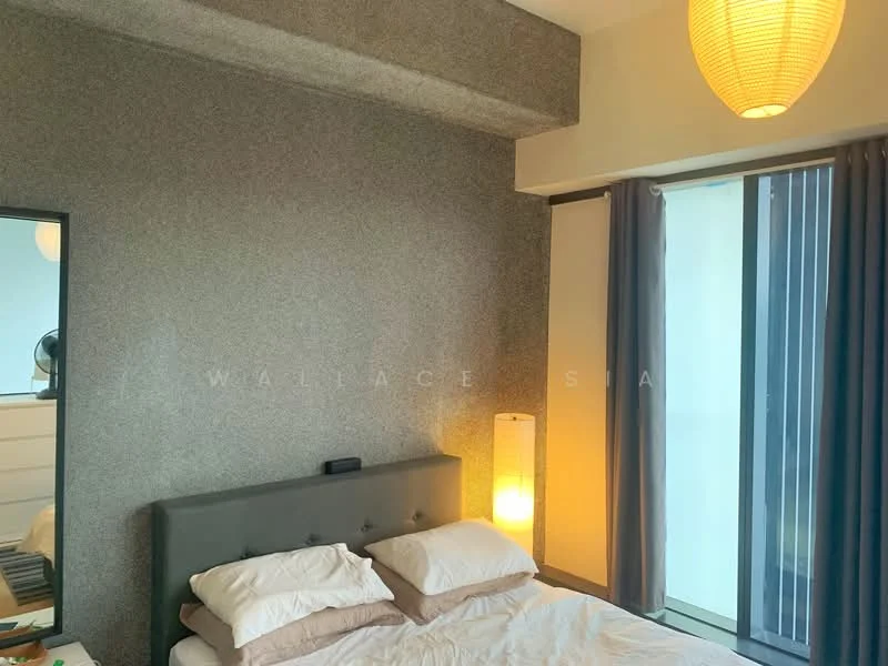 Bedroom features: grey accent wall, white painted walls, queen-size bed with grey upholstered headboard, bedside lamp, floor-to-ceiling windows with sheer curtains, sliding glass door, light wood flooring, pendant light, decorative mirror; style: modern.