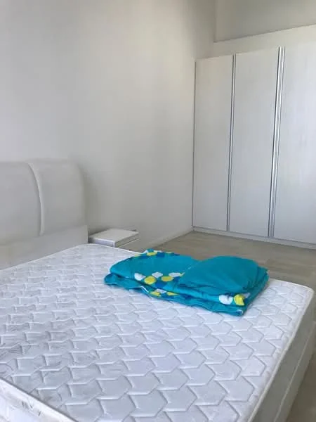 Bedroom features: white painted walls, light-colored flooring, queen-size bed, upholstered headboard, built-in wardrobe with sliding doors, nightstand, bedding with blue and yellow pattern; style: minimalist.