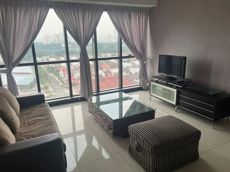 Living features: 3-seater fabric sofa in beige, glass coffee table with stone base, striped ottoman, TV console with storage, wall-mounted TV, floor-to-ceiling windows, sheer curtains, grey painted walls, glossy tile flooring, city view; style: modern; view: city.