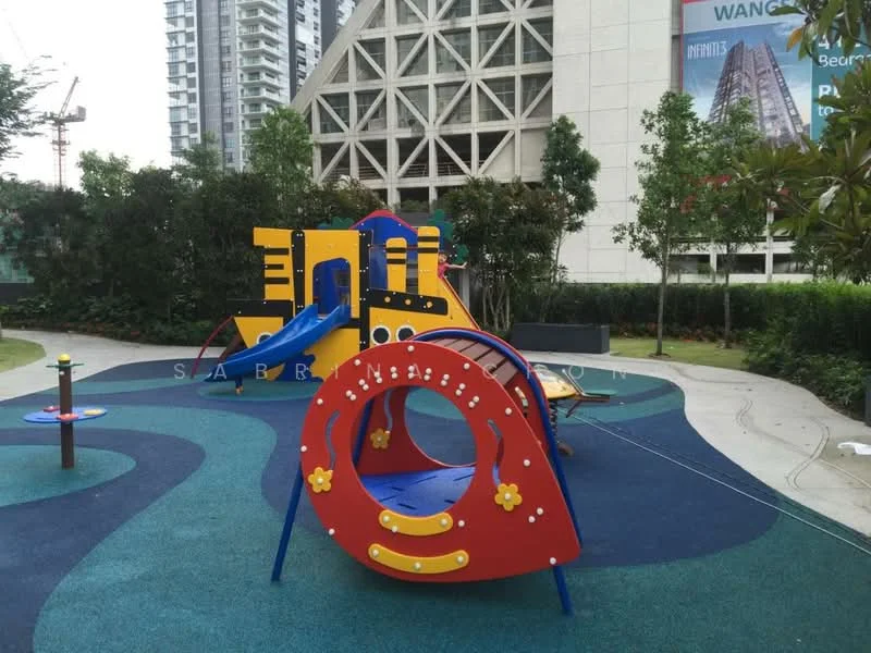 Exterior type: landscape garden; features: children's playground, colorful play structure with slides, tunnel slide, rubberized safety flooring, play area with climbing features, surrounding greenery, landscaped garden, park benches; style: modern.