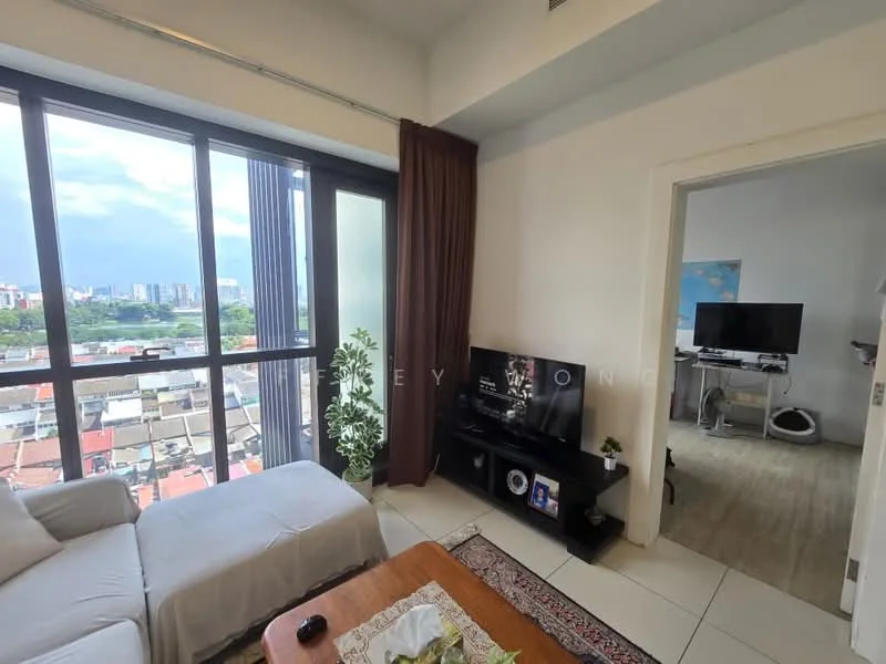 Living features: floor-to-ceiling windows, white walls, ceramic tile flooring, sofa in white, coffee table, TV console, wall-mounted TV, decorative plant, area rug, city view; style: modern; view: city. Room features: white walls, ceramic tile flooring, TV stand, desk, chair.