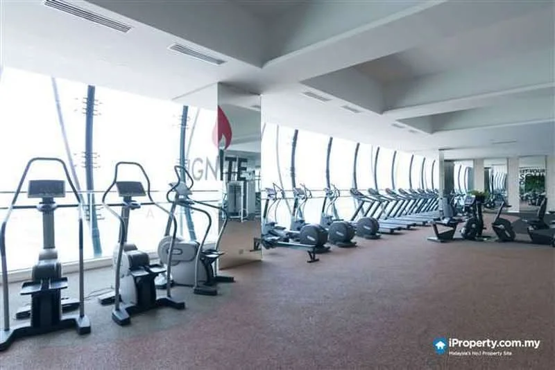 Room features: elliptical machines, stationary bikes, treadmills, large floor-to-ceiling windows, carpet flooring, mirrored wall, modern fitness equipment, open layout, bright lighting, view of the city skyline; style: modern; view: city.