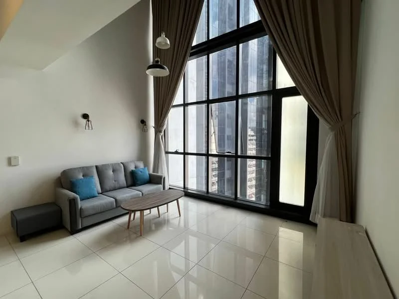 Living features: grey fabric 3-seater sofa, light blue decorative cushions, wooden coffee table, white tiled flooring, floor-to-ceiling windows, sheer curtains, black window frames, wall-mounted sconces, high ceiling, neutral painted walls; style: modern; view: city.