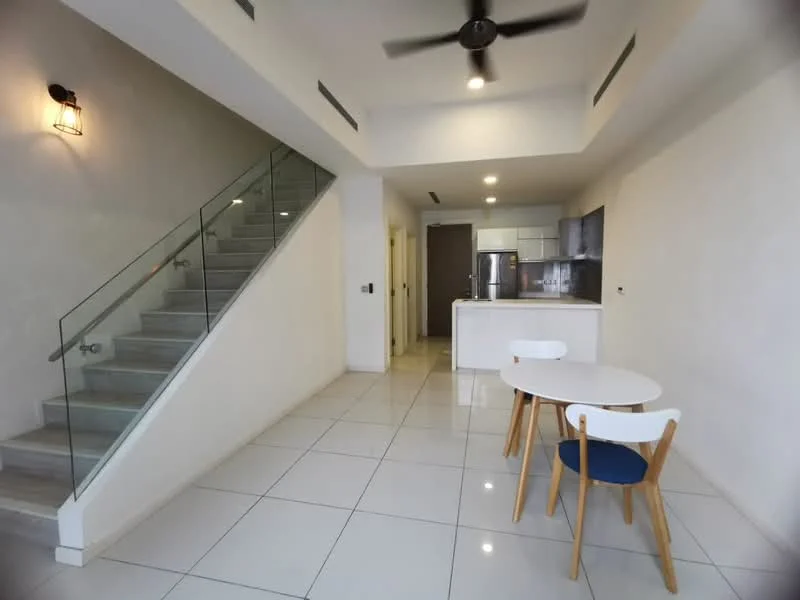 Living features: white painted walls, glossy white tile flooring, 5-blade ceiling fan, recessed downlights, glass railing staircase, open-plan layout, round dining table with wooden legs, 2 dining chairs, kitchen island with bar seating, stainless-steel refrigerator, built-in kitchen cabinets, countertop with backsplash; style: modern.