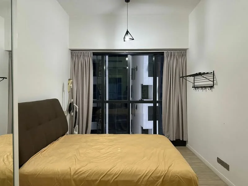 Bedroom features: queen-size bed with brown upholstered headboard, yellow bedspread, floor-to-ceiling windows, sheer curtains, black metal wall-mounted shelf, wooden flooring, recessed ceiling light, mirror on wardrobe; style: modern.