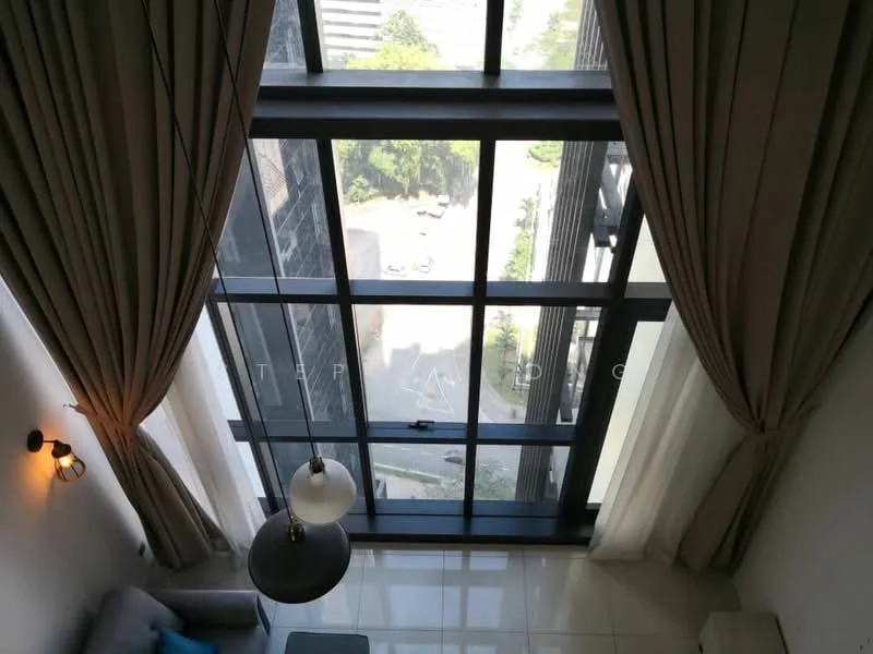 Room features: floor-to-ceiling windows, sheer curtains, blackout curtains, light grey walls, white tiled flooring, modern wall sconce, grey sofa, decorative lamp; style: modern; view: city.