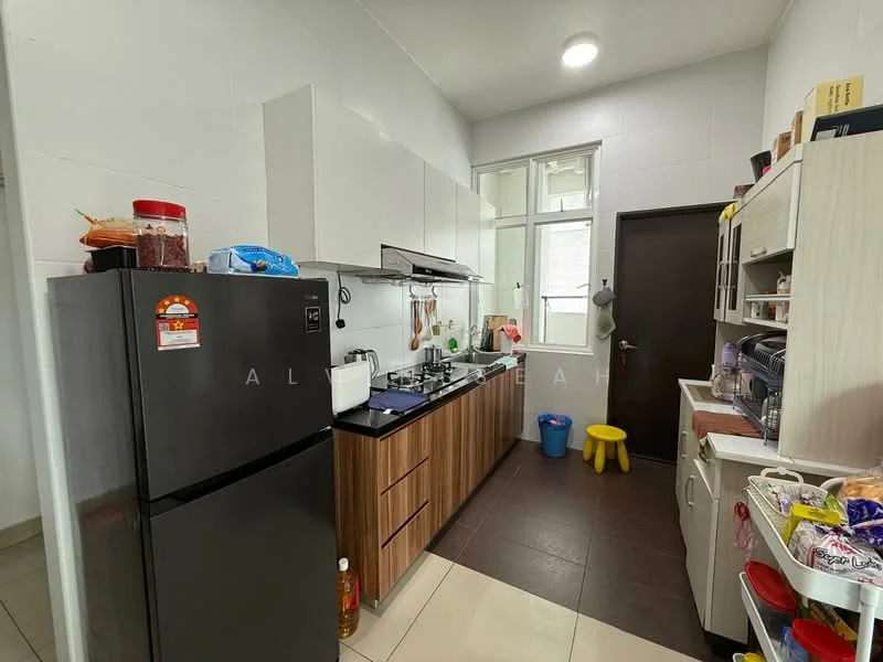 Kitchen features: black refrigerator, stainless-steel gas stove, black countertop, wood cabinetry, white tiled walls, grey tiled flooring, single-bowl stainless-steel sink, window with natural light, kitchen utensils on countertop, yellow stool, white cabinet with storage, various food items on countertop; style: modern.