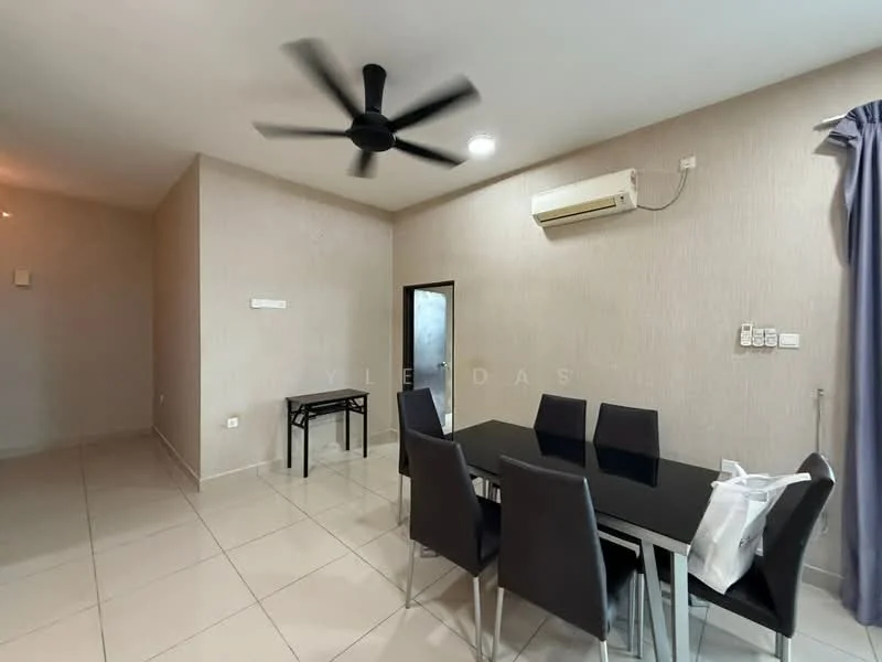Dining features: black glass dining table, 6 black upholstered dining chairs, white painted walls, tile flooring, ceiling fan, wall-mounted split AC, curtains on window, doorway leading to another room; style: modern. Room features: white painted walls, tile flooring.