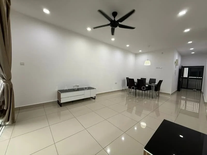 Living features: white painted walls, glossy ceramic tile flooring, 5-blade ceiling fan with light, recessed LED downlights, large windows with sheer curtains, dining table with 6 black chairs, TV console in white, black coffee table, open layout, neutral color scheme; style: modern.
