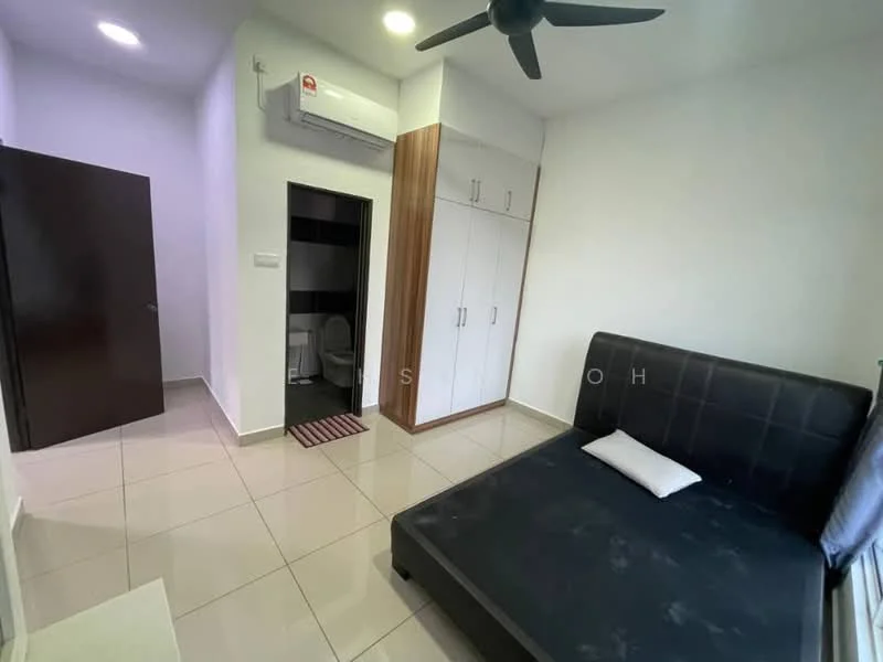 Bedroom features: black leather bed frame, single bed mattress, white pillow, built-in wardrobe with white doors, wall-mounted air conditioning unit, ceiling fan, white tiled flooring, light-colored walls, door leading to bathroom, window with natural light; style: modern.