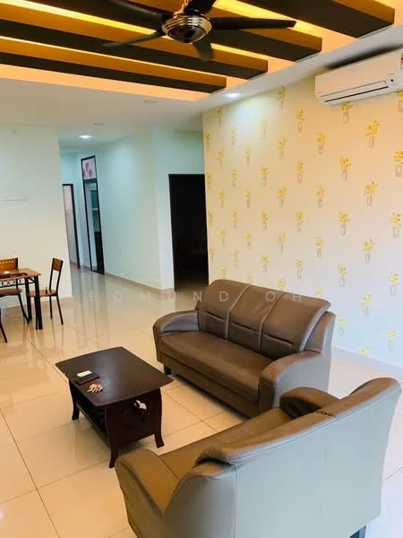 Living features: grey leather sofa, coffee table, white tiled flooring, yellow floral wallpaper, ceiling fan with light, wall-mounted air conditioning unit, decorative ceiling beams, dining table with chairs visible in background; style: modern.