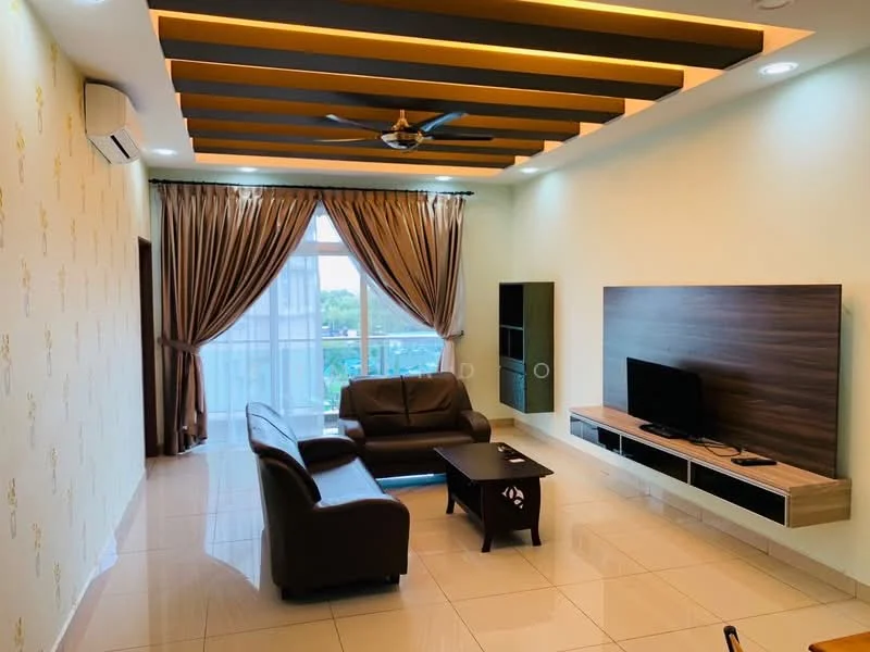 Living features: cream painted walls, wooden ceiling with recessed lighting, floor-to-ceiling windows, sheer curtains, dark brown leather sofa, coffee table, TV console with wall-mounted TV, tile flooring, ceiling fan with light, decorative wall paneling; style: modern; view: garden.