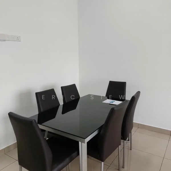 Dining features: glass dining table, 4 black leather dining chairs, white painted walls, cream tiled flooring; style: modern.