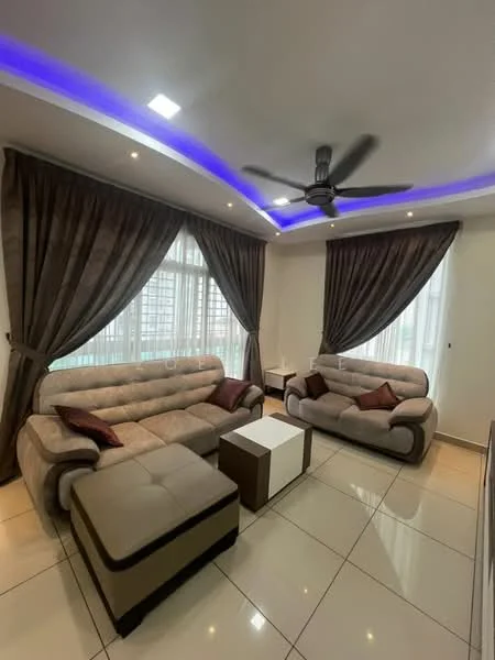 Living features: L-shape sectional sofa in beige, 2-seater fabric sofa with cushions, coffee table with white top and black base, floor-to-ceiling windows with sheer curtains, dark brown curtains, recessed downlights, ceiling fan with 5 blades, glossy tile flooring, decorative wall with LED strip lighting; style: modern.