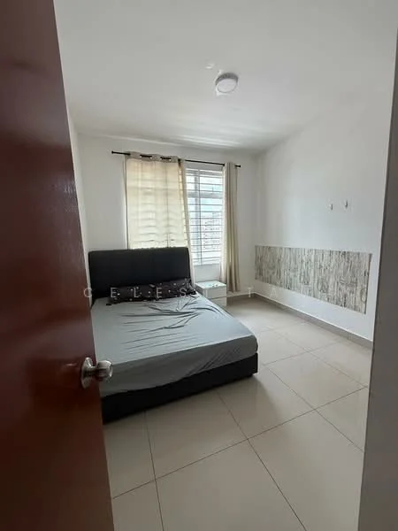 Bedroom features: queen-size bed, black upholstered headboard, light grey bedding, floor-to-ceiling window, sheer curtains, tile flooring, white painted walls, decorative wall panel with stone texture, ceiling light fixture; style: modern; view: city.