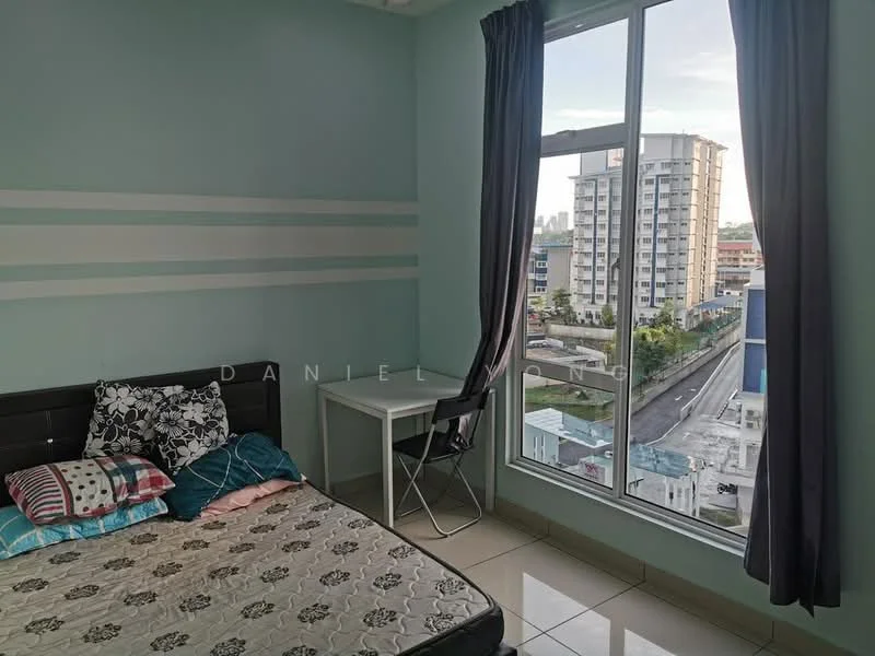 Bedroom features: queen-size bed with patterned bedding, black leather headboard, floor-to-ceiling windows, curtains in dark grey, light blue painted walls, cream tiled flooring, study desk, chair, city view from window; style: modern; view: city.