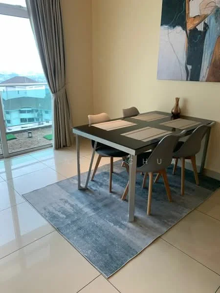 Dining features: 4-seater dining table with grey tabletop, grey dining chairs with wooden legs, area rug with abstract pattern, large window with sheer curtains, decorative vase on table, wall art with abstract design, cream painted walls, glossy tile flooring; style: modern; view: garden.