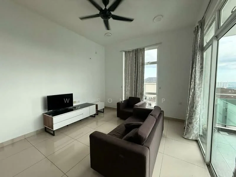 Living features: 2-seater fabric sofa in brown, 3-seater fabric sofa in brown, white TV console, wall-mounted TV, floor-to-ceiling windows, sheer curtains, sliding glass door, ceiling fan, light-colored tiled flooring, neutral painted walls; style: modern; view: city.