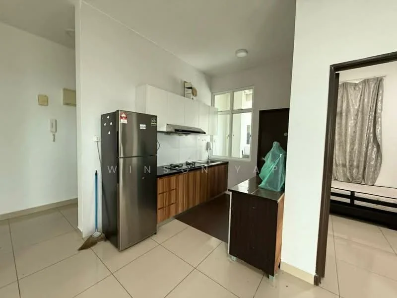 Kitchen features: white cabinetry, brown wooden lower cabinets, stainless-steel fridge, built-in gas stove, exhaust hood, white tiled backsplash, ceramic tile flooring, single-bowl stainless-steel sink, window above sink, countertop with space for appliances, light fixtures, open layout to living area; style: modern. Room features: single bed frame, curtains, light-colored walls, tile flooring.
