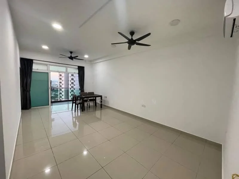 Living features: white painted walls, glossy ceramic tile flooring, 2 ceiling fans, recessed downlights, floor-to-ceiling windows, sliding glass door, blackout curtains, dining table with chairs; style: modern; view: city.