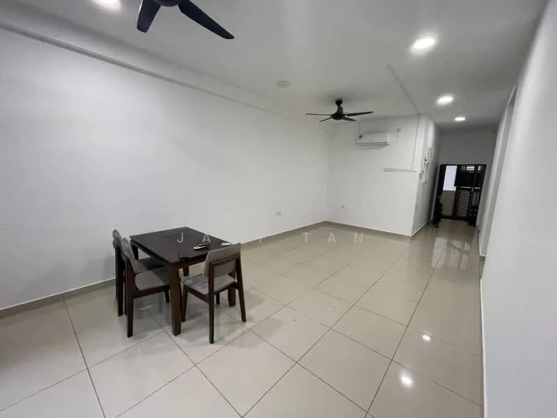 Dining features: white painted walls, glossy tile flooring, 5-blade ceiling fan, dining table with 4 chairs, air conditioning unit on wall, light fixtures in ceiling, open layout, neutral color scheme; style: modern. Room features: white painted walls, glossy tile flooring, 5-blade ceiling fan, light fixtures in ceiling.