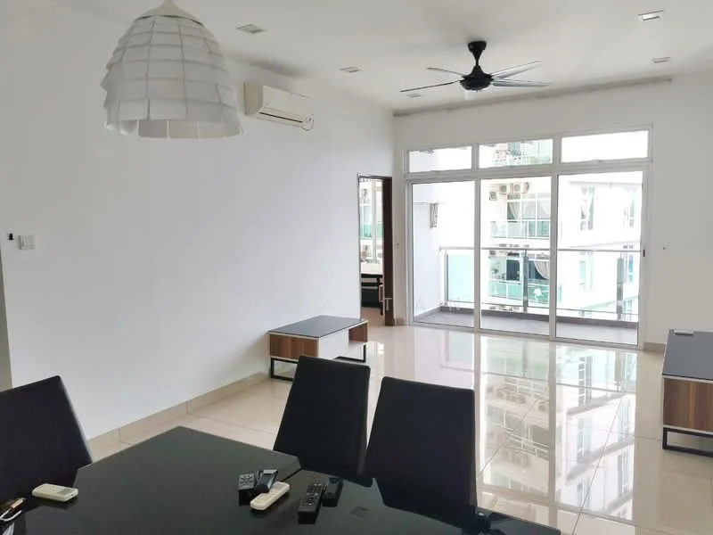 Living features: white painted walls, glossy ceramic tile flooring, 5-blade ceiling fan with light, floor-to-ceiling windows, sliding glass door, balcony access, recessed downlights, dining table with black chairs, two low coffee tables, air conditioning unit; style: modern.