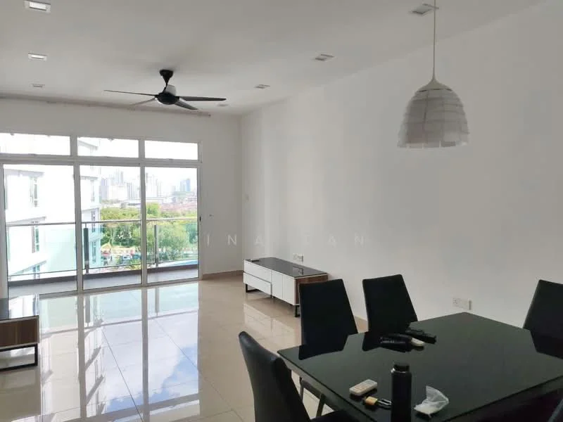 Living features: white painted walls, glossy tile flooring, 5-blade ceiling fan with light, large floor-to-ceiling windows, glass sliding door, dining table with black surface, white sideboard, hanging pendant light; style: modern; view: city.