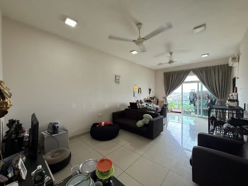 Living features: 3-seater fabric sofa in dark brown, 2-seater fabric sofa in dark brown, coffee table, TV console, wall-mounted TV, floor-to-ceiling windows, curtains, ceiling fan with light, marble tile flooring, decorative wall art, potted plants, open shelving unit, air conditioning unit; style: modern; view: city.