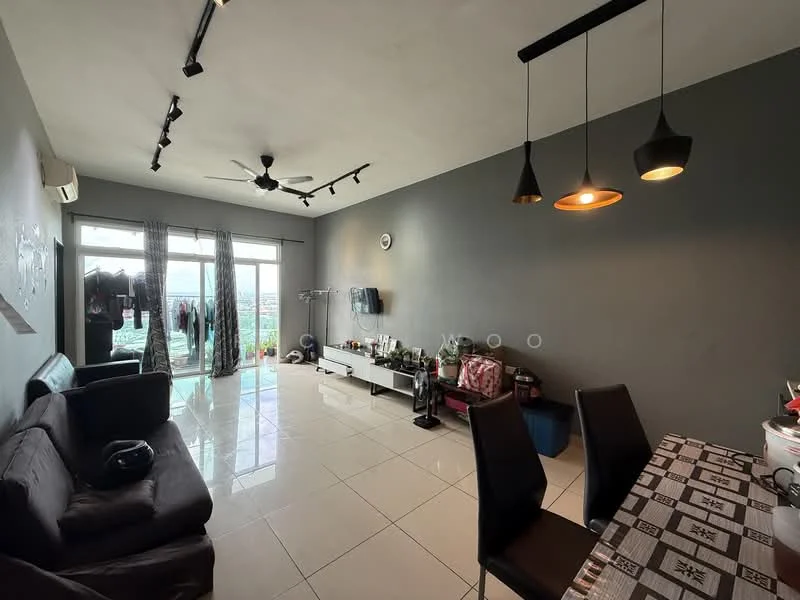 Living features: grey painted walls, white tiled flooring, 5-blade ceiling fan with light, track lighting, sofa in black fabric, coffee table, TV console, wall-mounted TV, floor-to-ceiling windows, sheer curtains, dining table with black chairs, decorative items on console; style: modern; view: city.