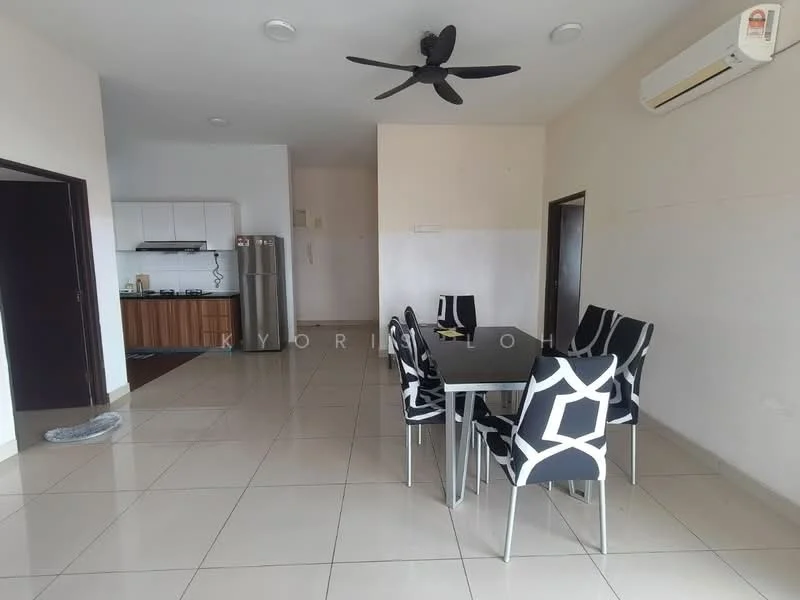 Dining features: 6-seater dining table, black and white patterned dining chairs, tiled flooring, ceiling fan, wall-mounted air conditioning unit, open layout to kitchen, neutral wall color, large windows, doorway leading to hallway; style: modern. Kitchen features: white cabinetry, stainless-steel fridge, built-in kitchen countertop, gas stove, oven, open shelving, neutral wall color, tiled backsplash; style: modern.