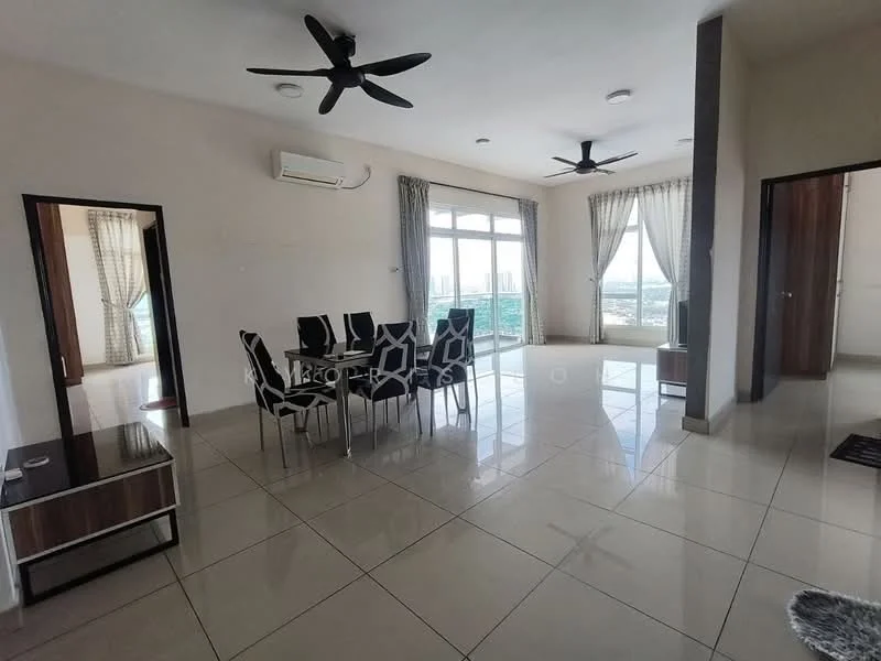 Living features: floor-to-ceiling windows, white painted walls, ceramic tile flooring, 5-blade ceiling fan, dining table with 6 chairs, sofa, curtains, air conditioning unit, decorative wall, coffee table; style: modern; view: city.