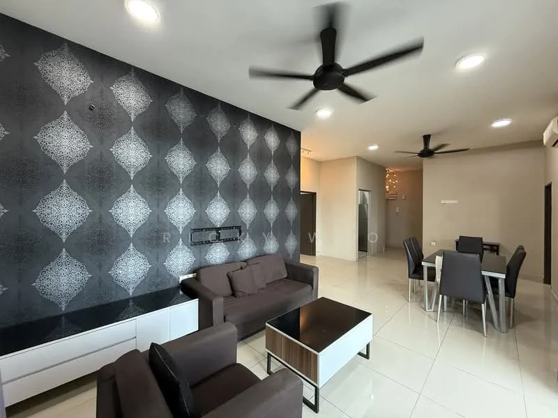 Living features: black and white patterned accent wall, white painted walls, glossy white tile flooring, 2-seater fabric sofa in dark brown, 3-seater fabric sofa in dark brown, coffee table with wooden top and white base, ceiling fan with 3 blades, LED recessed downlights, dining table with 6 upholstered chairs, open layout to adjacent kitchen area; style: modern.