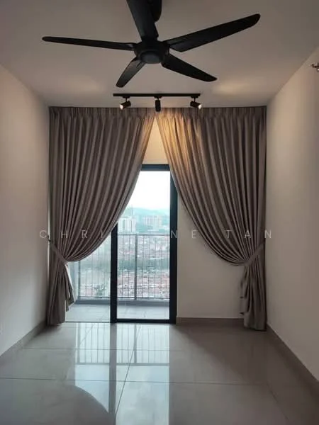Room features: floor-to-ceiling windows, grey curtains, 5-blade ceiling fan, polished tile flooring, white painted walls, city view, track lighting; style: modern; view: city.