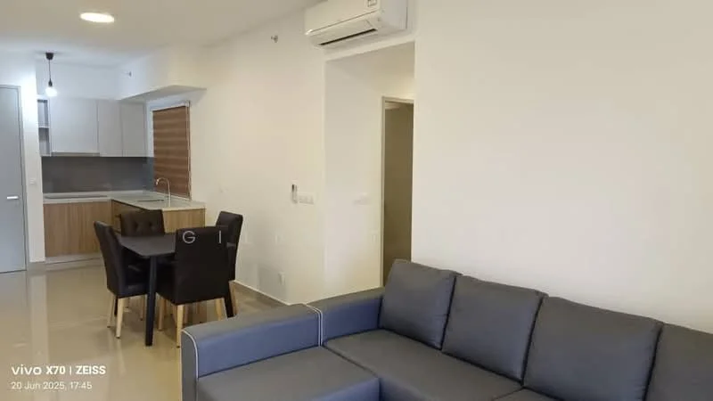 Living features: 3-seater fabric sofa in grey, wall-mounted air conditioning unit, light-colored walls, tile flooring, recessed downlights, open-plan layout, dining table with 4 black chairs, kitchen area visible in background; style: modern.