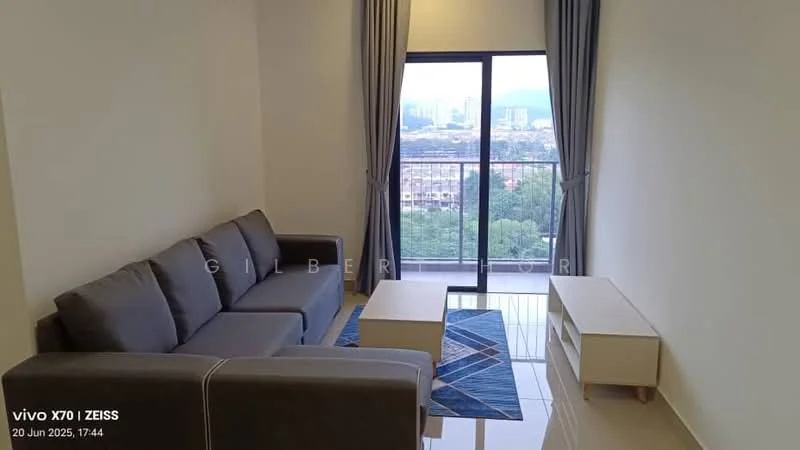 Living features: 3-seater fabric sofa in grey, coffee table, area rug with geometric pattern, floor-to-ceiling windows, curtains, tile flooring, wall-mounted TV, decorative wall, view of city skyline; style: modern; view: city.
