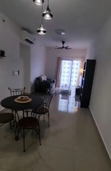 Living features: floor-to-ceiling windows, sliding glass door, 5-blade ceiling fan with light, recessed downlights, grey sofa, coffee table, area rug, TV console, decorative wall shelf, dining table with 4 chairs, cream painted walls, glossy tile flooring; style: modern; view: city.