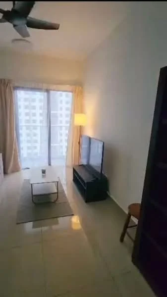 Living features: floor-to-ceiling windows, sliding glass door, beige curtains, 3-blade ceiling fan, light-colored walls, glossy tile flooring, coffee table, TV console, wall-mounted TV, area rug, lamp, single wooden chair; style: modern; view: city.