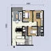Floor plan: 2-bedroom 1-bathroom unit; features: open-plan kitchen-dining-living, master bedroom with ensuite bathroom, bedroom 2 with shared bathroom, utility room, balcony off living room, central foyer, 1 car porch.