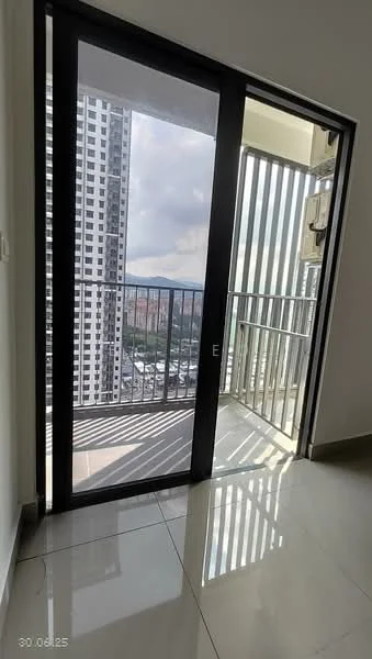 Room features: sliding glass door, balcony with railing, floor-to-ceiling windows, grey tiled flooring, city view, exposed concrete wall, air conditioning unit; style: modern; view: city.