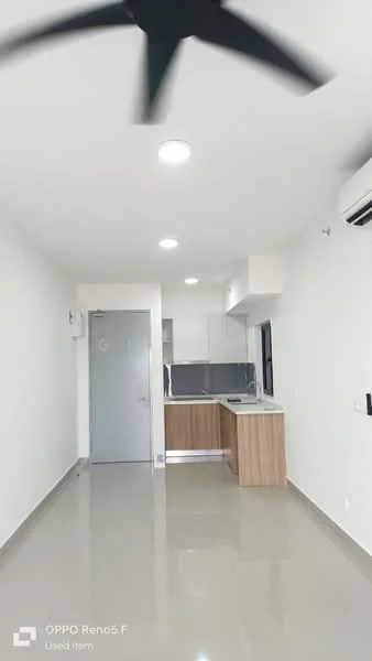 Kitchen features: white painted walls, polished tile flooring, ceiling fan, recessed LED downlights, kitchen island with wooden cabinetry, stainless-steel sink, countertop with grey finish, built-in oven, stove with cooktop, open layout, floor-to-ceiling windows, air conditioning unit; style: modern.