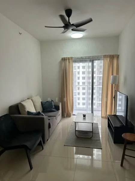 Living features: 3-seater fabric sofa in grey, 2 accent chairs, coffee table, TV console, wall-mounted TV, floor-to-ceiling windows, curtains in beige, recessed ceiling light, ceiling fan, glossy tile flooring, decorative plant on table; style: modern; view: city.